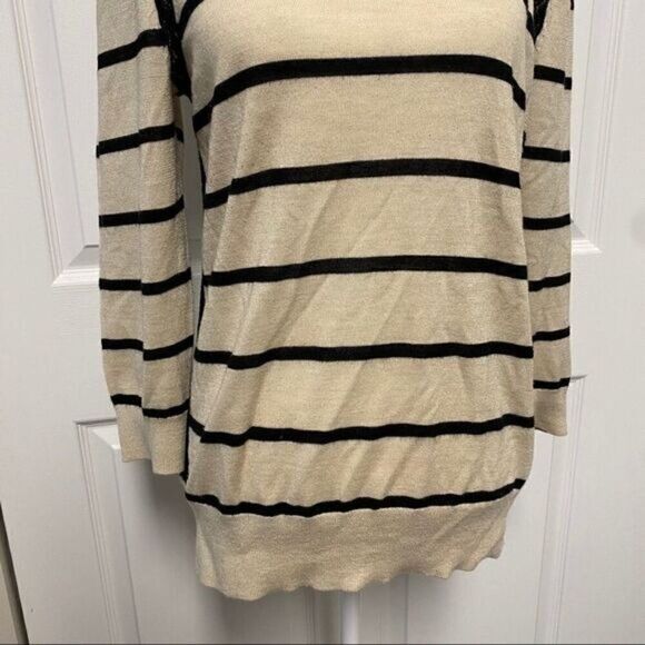Loft womens cream black striped long sleeve round neck pullover knit sweater lrg - Picture 3 of 12